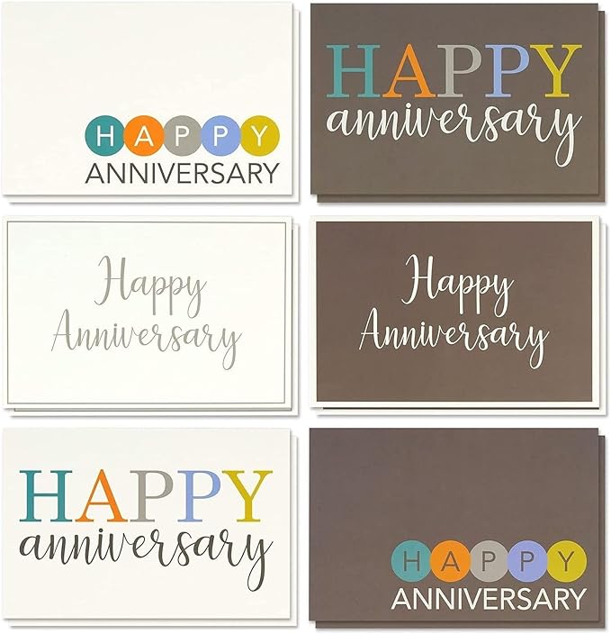 Juvale 36 Pack Happy Anniversary Cards with Envelopes for Work, Wedding, Employees, 6 Designs (Blank Inside, 4x6 In)