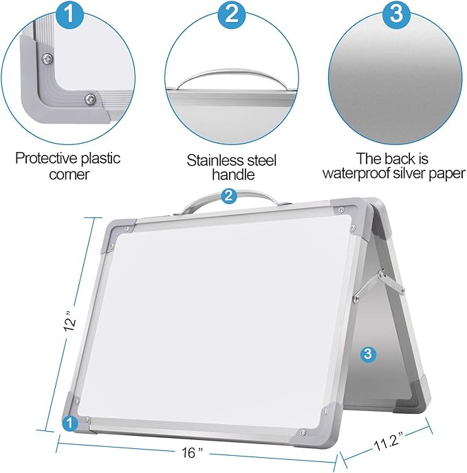 H-Qprobd Small Dry Erase White Board - 16"x 12" Double Sided Mini Foldable Magnetic Desktop whiteboard for Kids Drawing, Teacher Instruction and Meeting Discuss