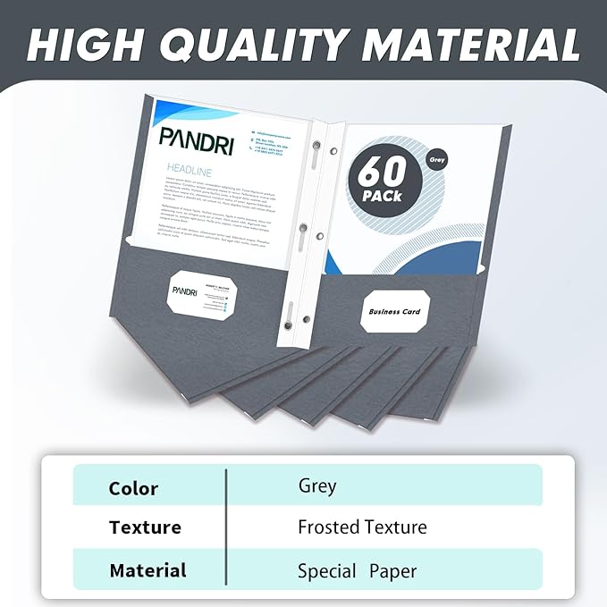 Two Pocket Folders, PANDRI 60 Pack Two Pocket Folders with Prongs, 3 Prong Folders Designed for Office and Classroom, Letter Size Grey