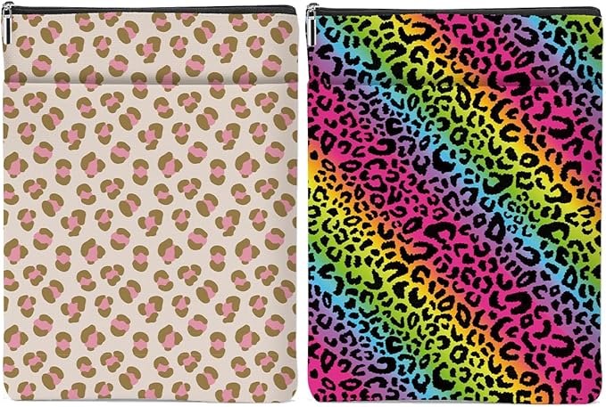 2 Pack Rainbow Leopard Print Book Sleeve, Books Protector，Books Pouch， Book Lovers Gifts，Bookish Gifts Waterproof Cover with Zipper，Leopard Decor Gift Bag for Women Girls Manager Christmas
