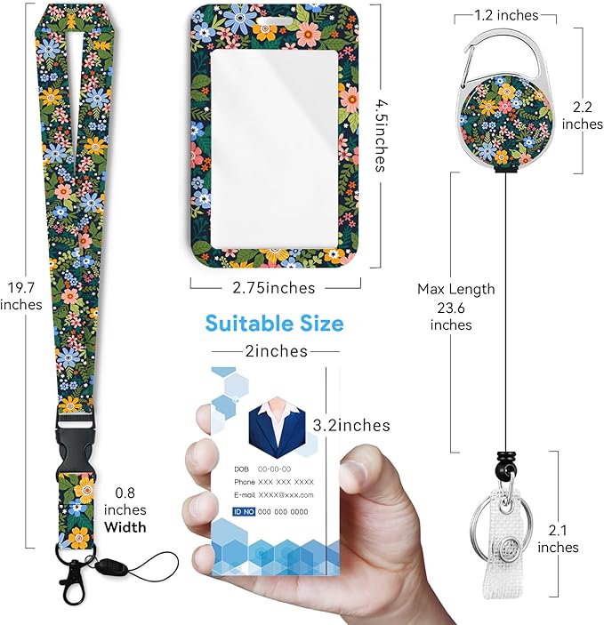 Flowers Badge Holder with Retractable Reel and Breakaway Lanyard，Badge Clips Retractable Heavy Duty Badge Reel，Funny Keychain，ID Holder with Breakaway Lanyard for School Nurse Office Teen