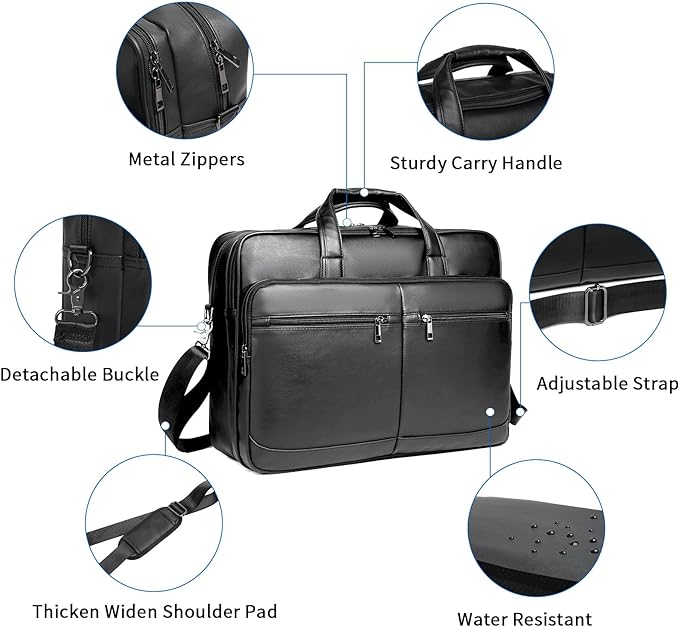 seyfocnia Men’s Leather Messenger Bag, 17.3 Inch Laptop Briefcase Satchel Computer Shoulder Bag Business Handbag-Black