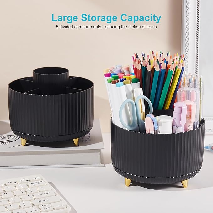 Desk Pencil Pen Holder, 5 Slots 360 Degree Rotating Pencil Pen Organizers Desk Organizers for Office Accessories Shool Supply Black