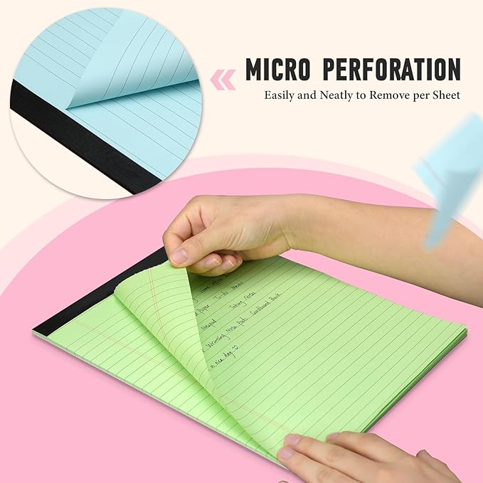 8.5 x 11 Legal Pads, 6 Pack Colored Legal Pads, Wide Ruled, Note Pads 8.5 x 11, Writing Pad, Multicolor Perforated Note Pads with Sturdy White Back, 30 Sheets Per Notepad for School, Home, Office