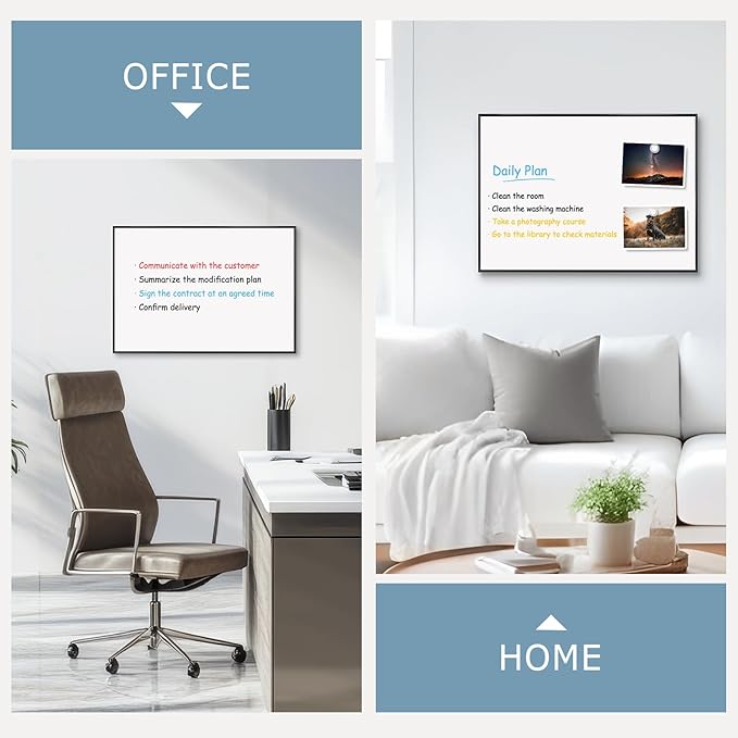 Magnetic Whiteboard, 24'' x 18'' White Board Dry Erase Board for Wall, Hanging Black Aluminum Frame Wipe Board for Home, Office, School