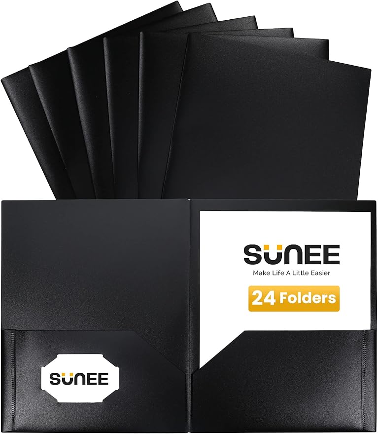SUNEE 2 Pocket Folders (24 Pack, Black) Heavy-Duty Plastic Folders with Pockets, Fit 8.5x11 Letter Size Paper, 2-Pocket File Folders for Kids, Home, School, Office