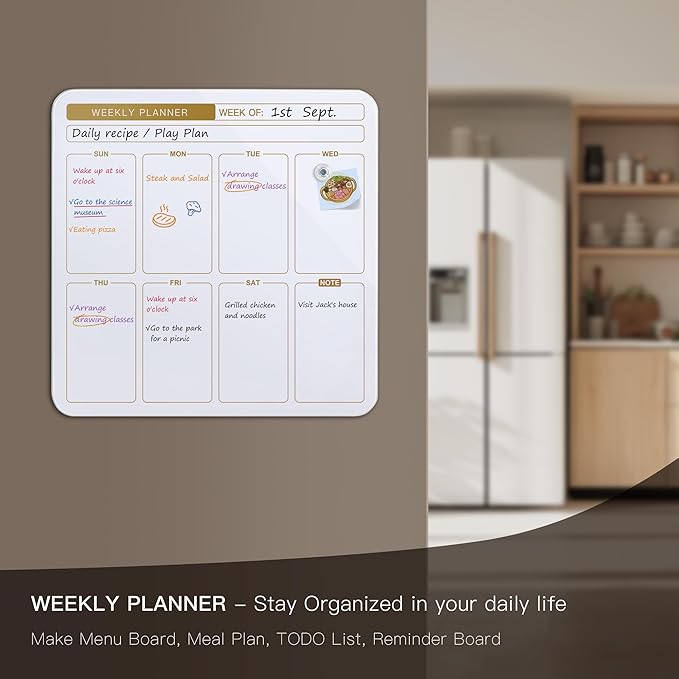 SELEAD Magnetic Glass Planning Board for Small Apartment - 18”x18” Dry Erase Whiteboard Weekly Planner Wall Calendar, Message Memo TODO Board for Home Kitchen, White&Gold