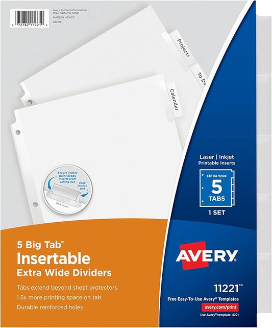 Avery Extra-Wide Big Tab Insertable Dividers for 3 Ring Binders, 5 Tab Set, White Paper, Clear Tabs, Works with Sheet Protectors, 1 Set (11221)