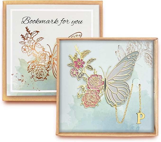 Metal Butterfly Bookmark for Women Cute Book Lovers Gift Butterfly Bookmarks Inital Book Mark Gifts for Reading Women Friend Teacher Appreciation Gifts Mom Birthday Valentines Day Christmas Gift, P