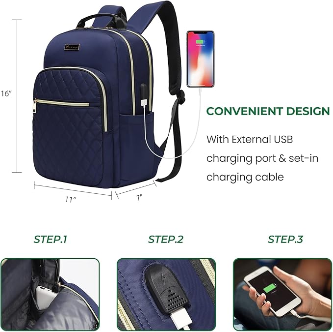 Modoker 15.6 Inch Laptop Backpack for Women, Quilted Work Backpack for Women Bookbag Teacher Backpack, Travel Backpack with USB Charging Port, Backpack Purse for Women Nurse, Blue