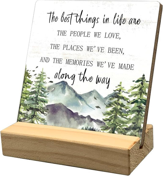 Mtrgdn Mountain Decor,Inspirational Office Desk Decor, Rustic Mountain Positive Desk Decor Wooden Plaque Sign for Home Bedroom , Mountain Home Decor Gifts for Women Relatives Coworker,The Best Thing in Life