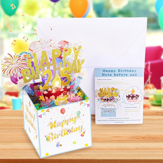 Tnvee 25TH Birthday Cards with Lights & Music & Candle, 3D Pop Up Singing Happy Birthday Greeting Cards Gfits for 25 Years Old Girl Boy Friends
