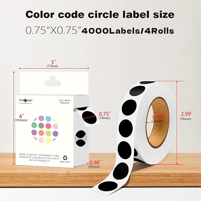 PARLAIM 0.75 inch Diameter Colored Dot Stickers 4 Rolls Pack 4000pcs Black Round Label Color Coding Marking Stickers Permanent Adhesive for Garage Sale
