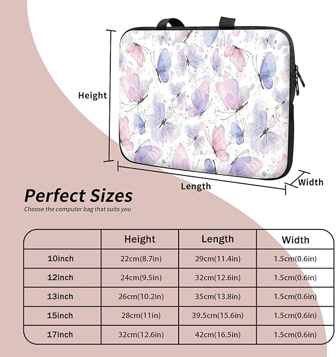 Universal Laptop Sleeve Tablet Case 12 inch, Pink Purple Butterfly Slim Carrying Case Durable Handbag Travel Laptop Bag for Surface Pro 9 8 7/Laptop Go 2 3, MacBook Air 11/12