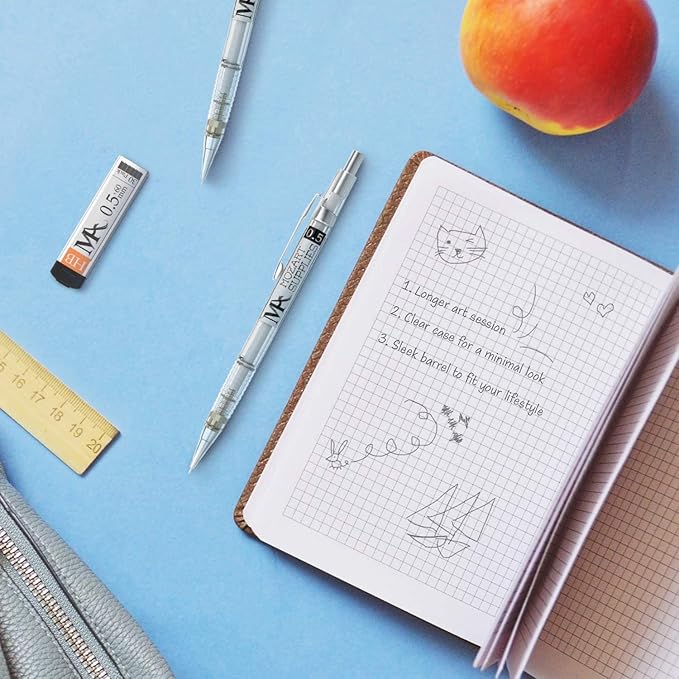 MozArt Mechanical Pencil Set with Case - 4 Sizes: 0.3, 0.5, 0.7 & 0.9mm with 30 HB Lead Refills Each & 4 Eraser Refills -Sketch, Drafting, Art, Drawing Supplies (Clear)