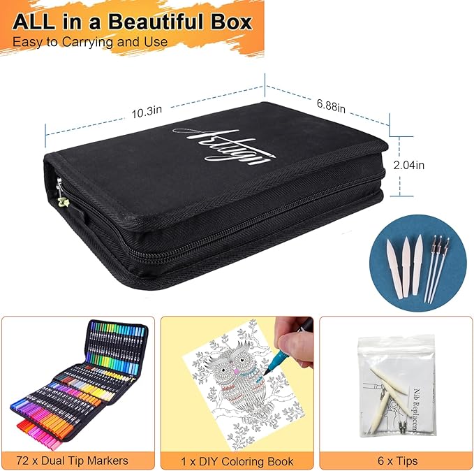 Dual Brush Marker Pens, 72 Colors Art Markers Set with Fine and Brush Tip for Kids Adult Coloring Book Bullet Journaling Note Taking Planner Hand Lettering Calligraphy Drawing Art Supplies Kit