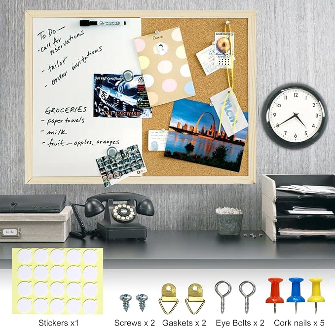 OWLKELA Dry Erase Cork Board 16.5"x12.6", Notice Pin Board, Memo Board, Vision Board, Bulletin Board for Office, Classroom or Home, Mounting Hardware and Push Pins Included, Wooden Frame