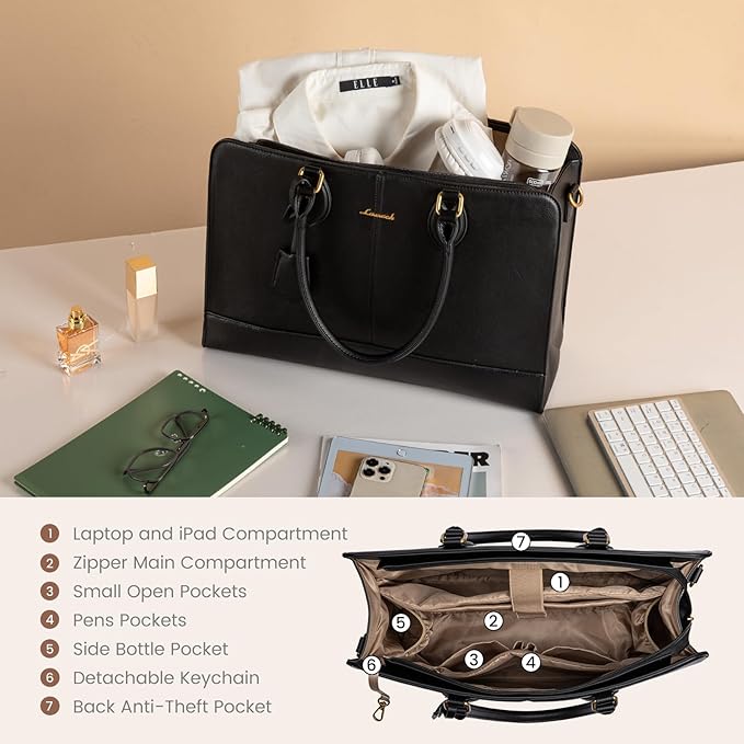 LOVEVOOK Laptop Bag for Women, Work Tote Bags 15.6 inch Computer Bags for Laptops for Women Purse, Large Vintage PU Leather Waterproof Business Office Briefcase, Black