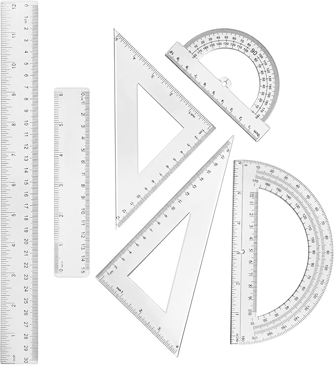 Tenare 6 Pcs Plastic Ruler Math Set Includes 12 Inch 6 Inch Straight Ruler Protractor Triangle Rulers Geometry Transparent Math Ruler Measuring Tools for School Office Home(Clear)