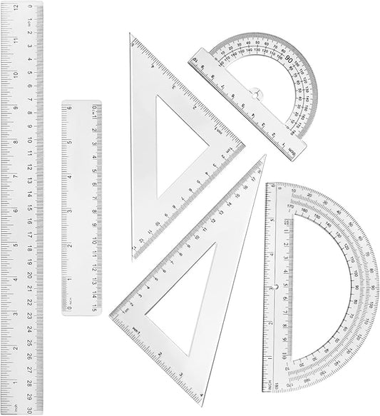 Tenare 6 Pcs Plastic Ruler Math Set Includes 12 Inch 6 Inch Straight Ruler Protractor Triangle Rulers Geometry Transparent Math Ruler Measuring Tools for School Office Home(Clear)