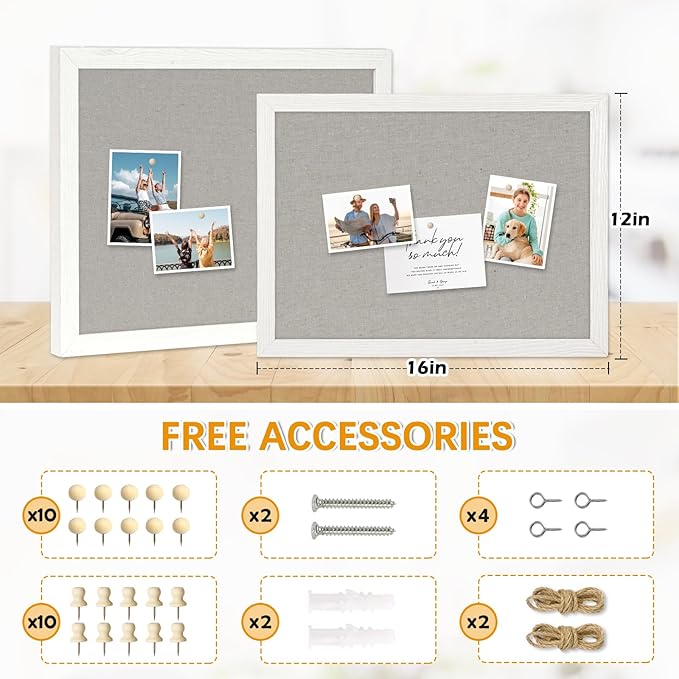 DOLLAR BOSS Cork Boards with Linen 2-Pack 16''X 12'' Cork Board for Walls White Wood Framed Small Bulletin Board Hanging Pin Board for Home Kitchen Office Decoration 20 Pushpin, Grey