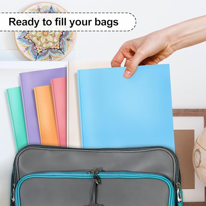 ViVin Heavy Duty 12-Pack Plastic Folder, Pastel Colors, 2 Pocket Letter Size Poly File, Cute Plastic Folders with 3-Prong Fasteners, for School, Home and Office (Assorted Color)