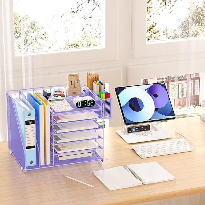 File Organizer for Desk 6 Tier Paper Organizer Letter Tray with File Holder Pen Holder, Mesh Office Desk Accessories & Workspace Organizers (Purple)
