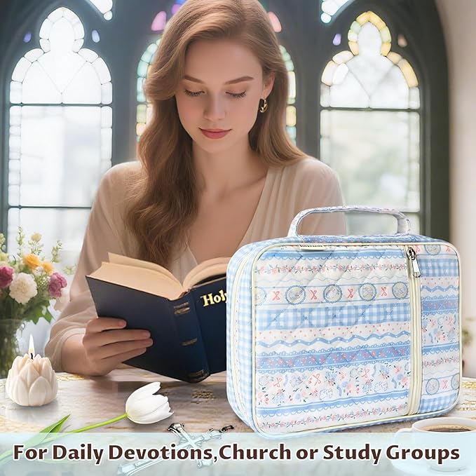 shirabags Quilted Bible Cover Case for Women - Elegant Cotton Bible Bag Bible Book Cover for Study, Church, Christian Gifts for Women(Blue Rabbit, M)