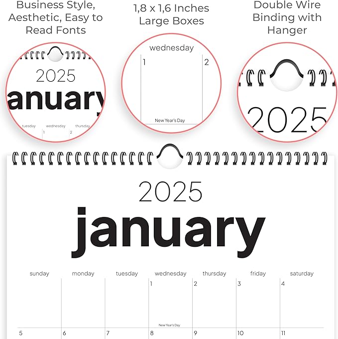 Wall Calendar 2025-2026, 18 Months, Runs From January 2025 to June 2026, 17" x 12" Large Wall Calendar with Hanger, Thick Paper and Spiral Binding. Simple and Stylish Aesthetic Design.