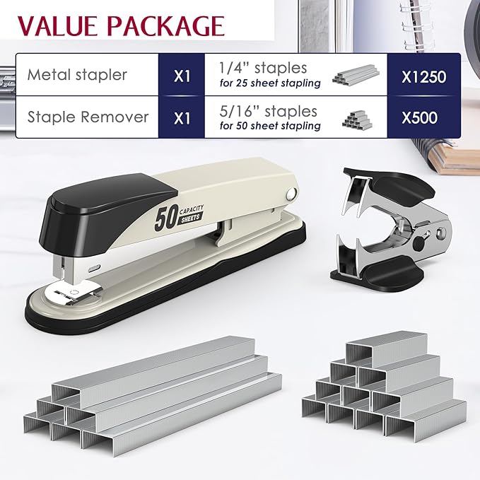 Metal Stapler Heavy Duty 50 Sheet Capacity with 1750 Staples and Staple Remover, White Stapler Full Strip Staplers for Desk, No Jam, Non-Slip Office Stapler with Staples for Office & Classroom, White