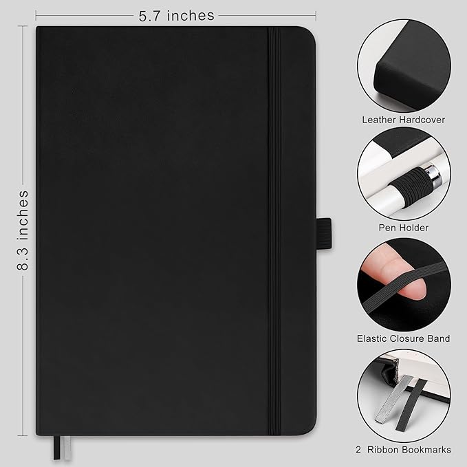 RETTACY Graph Paper Notebook, A5 Grid Notebook Journal with 192 Pages, 5.7'' × 8.3'', Medium Size, Leather Hardcover, 100 GSM Thick Paper, for Students, Homework, Math, Engineering (Black)