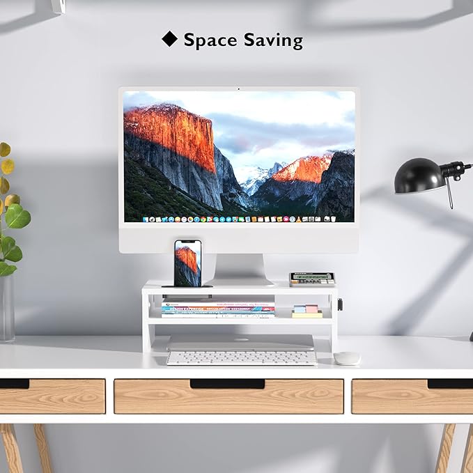 BONTEC Monitor Stand Riser White, 2 Tiers Wood Monitor Riser Stand with Storage Organizer, Desktop Ergonomic Monitor Stand Riser with Cellphone Holder and Cable Management, 16.5 Inch Desk Shelf