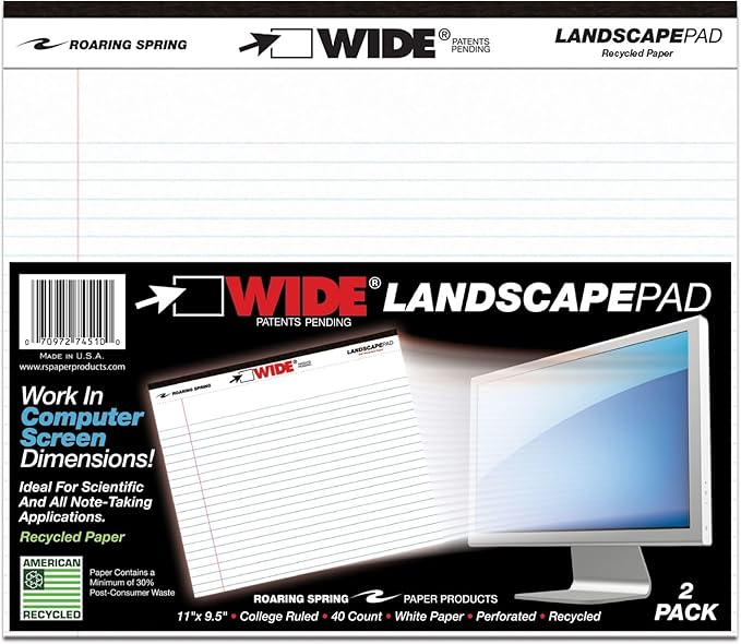 Roaring Spring Wide® Landscape Legal Pad, 40 Sheets, 11" x 9.5", White Paper, College Ruled, Pack of 2