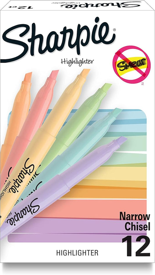 Sharpie Pocket Highlighters, Mild Pastel Colors, Assorted, Chisel Tip, 12 Count