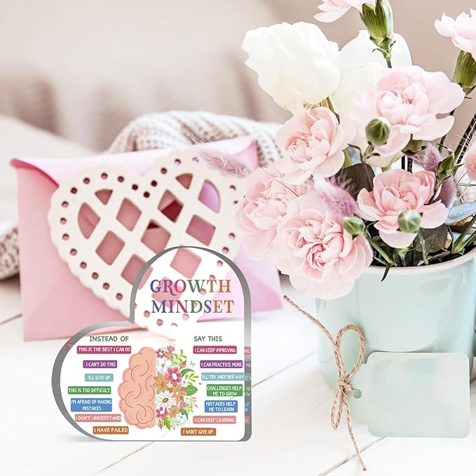 Growth Mindset Decor, Therapy Office Mental Health Classroom Art Educational Challenging Thoughts Affirmation Decorations Positive Sayings Inspirational Gifts Acrylic Heart Inspirational Gift for