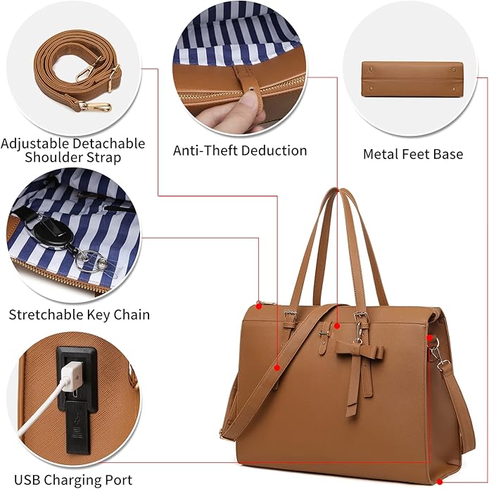 Keyli 4pc Sets Laptop Bag for Women Large Leather Laptop Briefcase with USB Charging Port Computer Shoulder tote Bags Purse