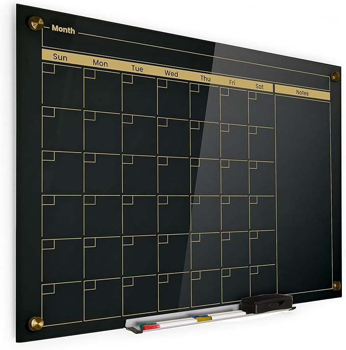 Real Glass Dry Erase Monthly Calendar, Extra Large 24" x 36", Tempered Glass Surface, Frameless Wall Mount, with 4 Assorted Color Markers and Eraser, by Better Office Products (Jet Black/Gold Print)