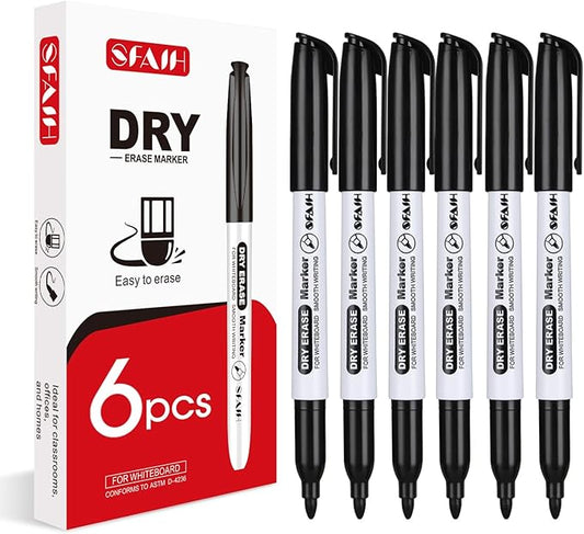 SFAIH Dry Erase Markers Fine Tip - 6 Pack Whiteboard Markers Dry Erase For Kids Adult Low Odor, Black Dry Erase Markers Fine Point For Home Classroom