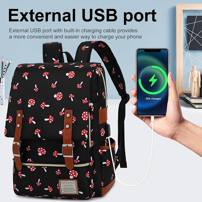 Vintage Travel Laptop Backpack with USB Charging Port, Business Outdoor Sports Bag for Men Women.(Mushroom)
