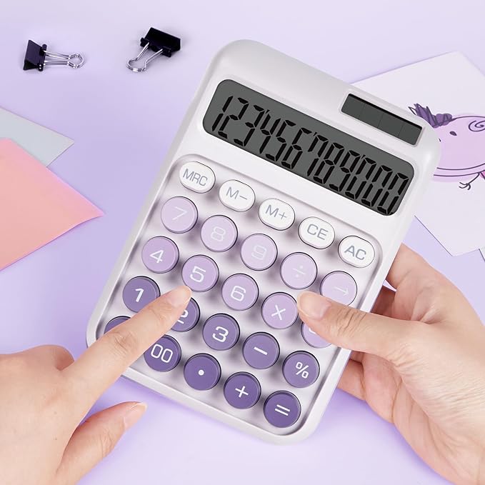Mechanical Switch Calculator with Big Buttons, Calculators Desktop, 12 Digits, Solar Battery Power, Desk Calculator, Large LCD Display,Cute Purple Calculator for Teachers Students Basic Office