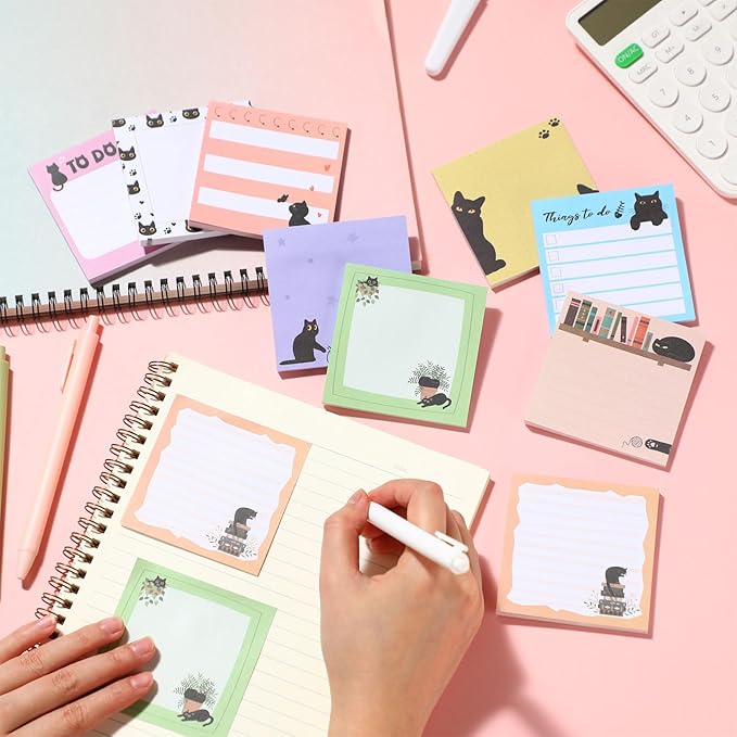 9 Pads Cute Sticky Notes Cartoon Animal Self Stick Notepads 3x3 Inches Notes Adhesive Memo Pad Office Decor Gifts for Students School Office Meeting(Black Cat)