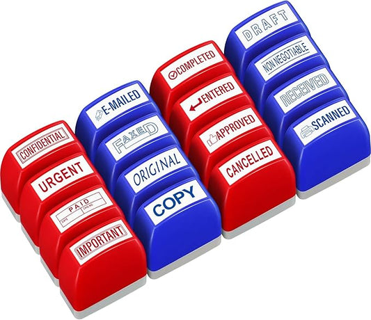 Crtiin 16 Pcs Office Stamp Set Message Self Inking Rubber Stamp Set for Office Stamps Completed Faxed Scanned Stamps for Message Supplies(Red, Blue)
