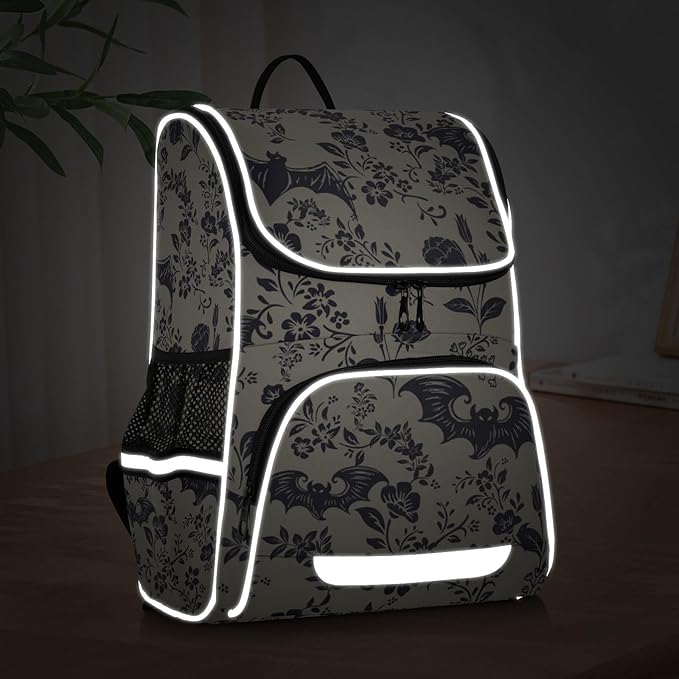 Goth Bat Flowers Backpack with Reflective Strip for Kids Boys Girls Elementary School Bag Removable Chest Strap