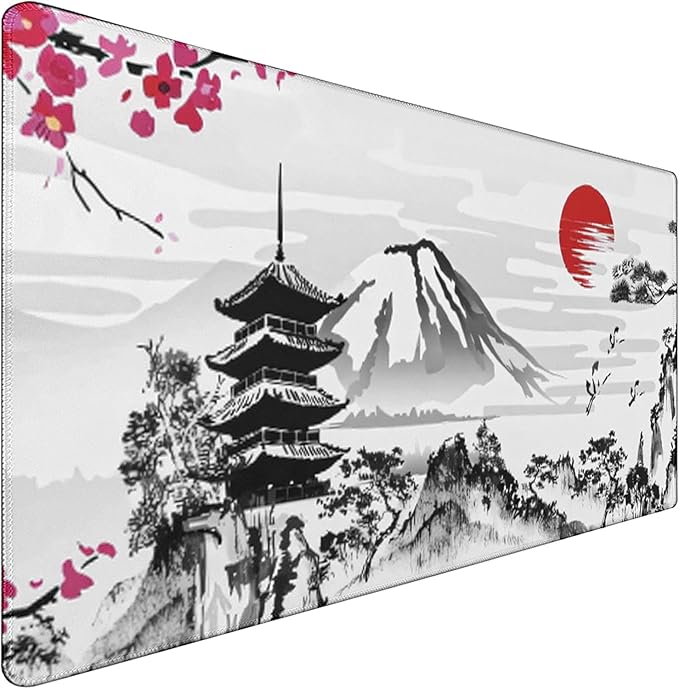 Japanese Landscape Large Mouse Pad, Large Extended Mouse Pad for Home Office Gaming Work 35.4x15.7 inch, Big Computer Mousepad Waterproof Non-Slip Rubber Mice Pads Stitched Edges
