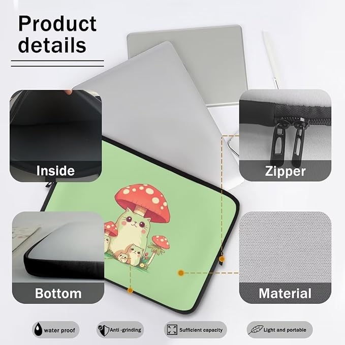 Mushroom Frog Computer Sleeve for Girls 13 inch Laptop Sleeve Women Lap Top Case with Multiple Uses Tablet Bag Cute Animal Laptop Carrying Case Briefcase Green