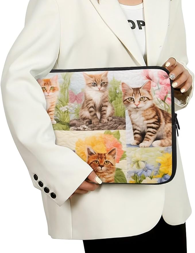 Cat Floral Printed Computer Case Bag for Girls Boys, Washable 10 Inch Laptop Bag Carrying Case Cute Laptop Briefcase Neoprene with Zipper, Compatible with Various Computers