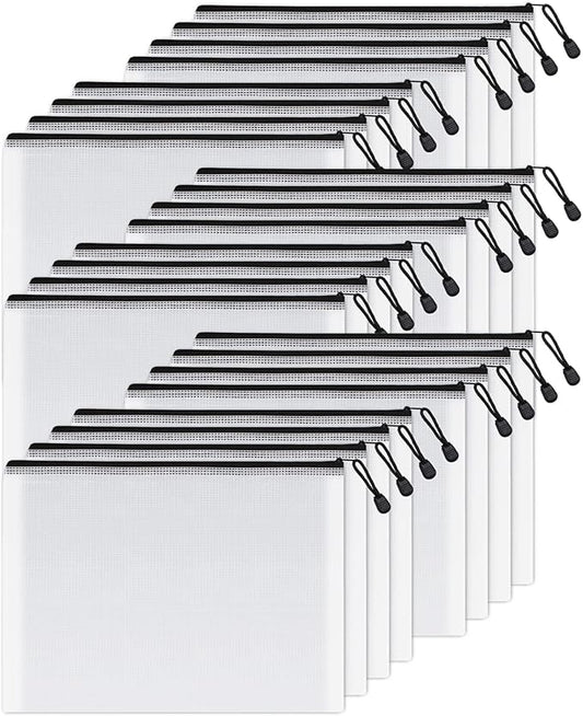 SUNEE Mesh Zipper Pouch 10x14 in (Black, 24 Packs), Extra Large Water-Resistant Zip Bag for School Office Supplies, Puzzles & Games Organizing Storage