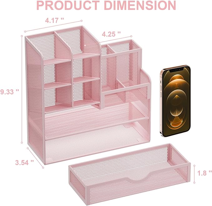 Marbrasse Mesh Pen Holder for Desk, Desk Organizer with Drawer, Multi-Functional Pencil Organizer, Desk Organizers and Accessories for Office Art Supplies (Pink)