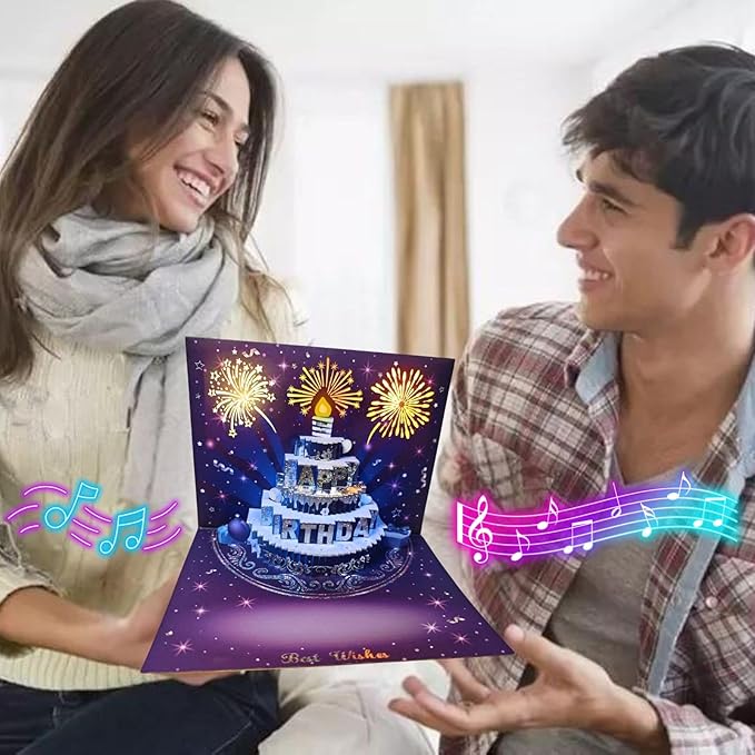 Musical Birthday Cards, 3D Pop Up Card with Music and Light, Firework Greeting Card with Interactive Blowable Candle, Birthday Gift for Her Him Mom Grandma Wife Husband (Blue and Silver)