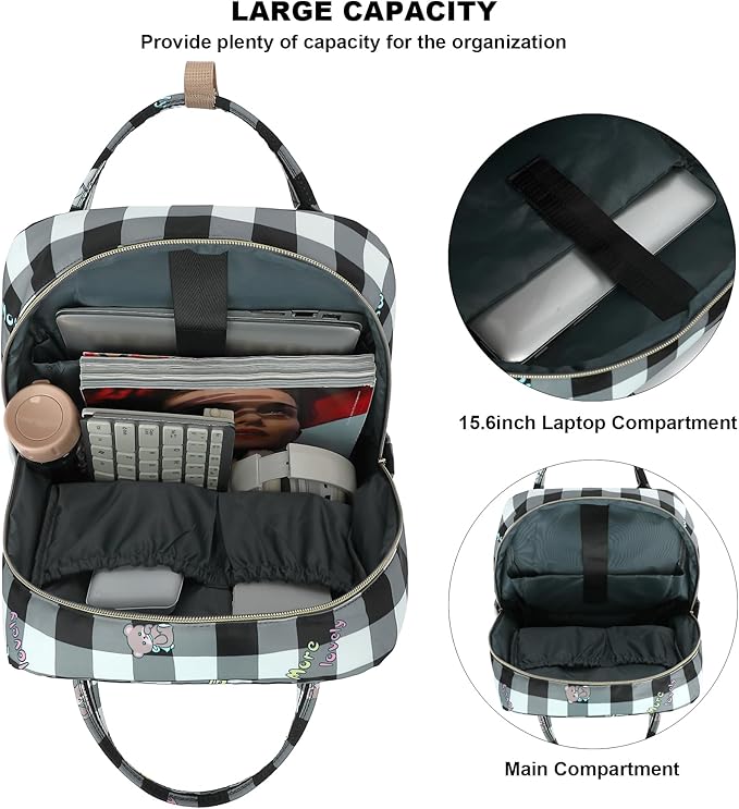 Checkered Laptop Backpack College Bookbag School Backpack for Women Girls, Travel Backpack 15.6 Inch Computer Backpacks (Bear Rabbit Black)